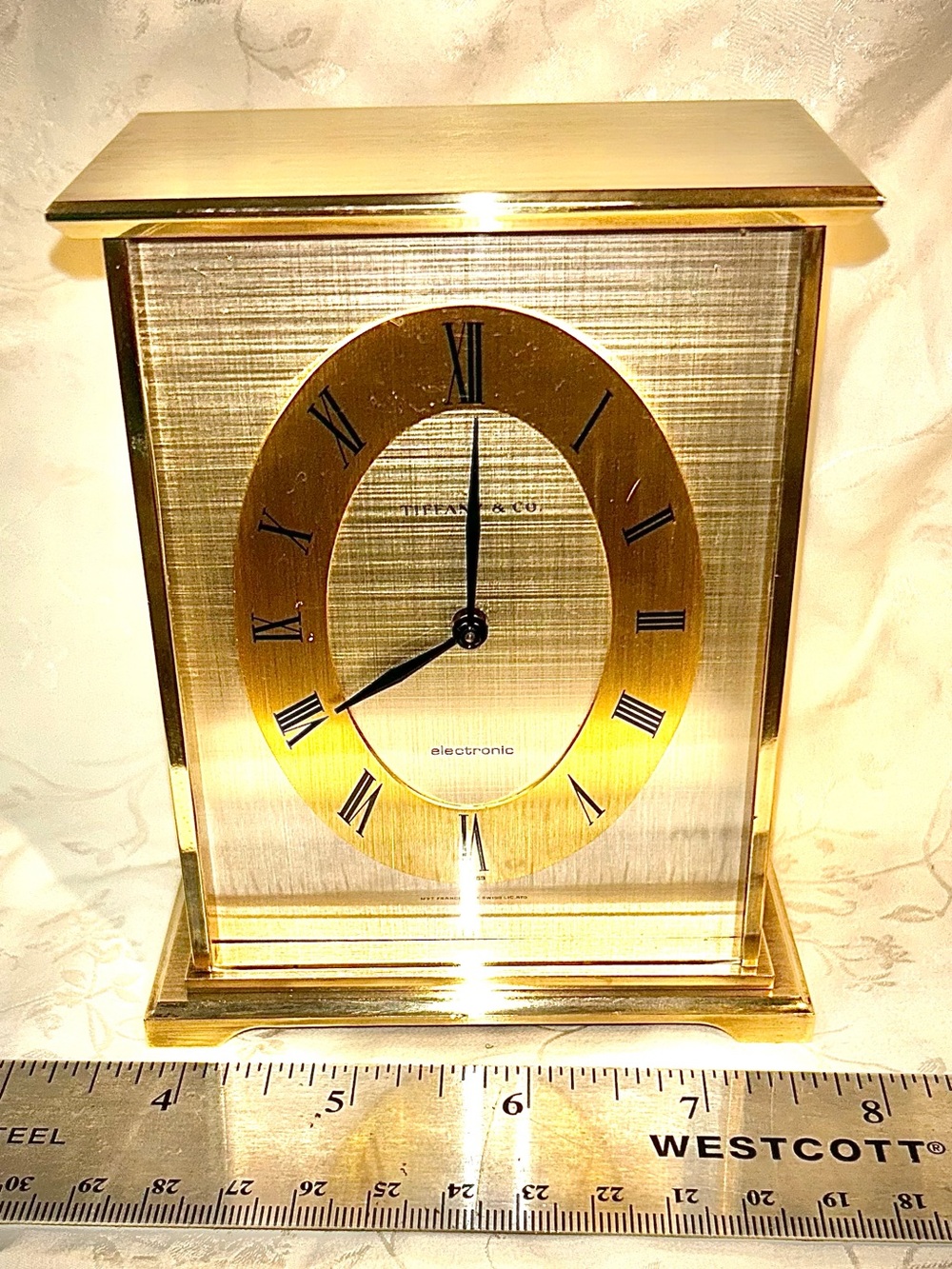 Vintage Tiffany & Co. Brass Mantel Desk Clock Roman Numeral Quartz Electronic